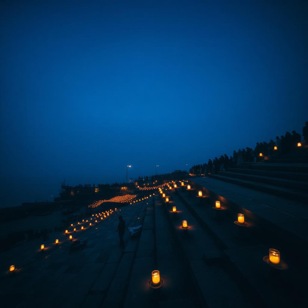 Varanasi ghats lit with diya lamps