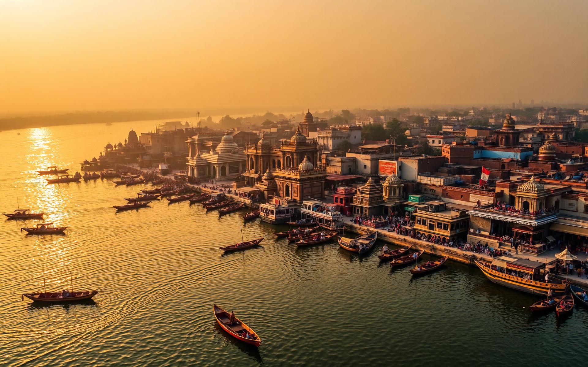 Sunrise over the ghats of Varanasi on the river Ganga