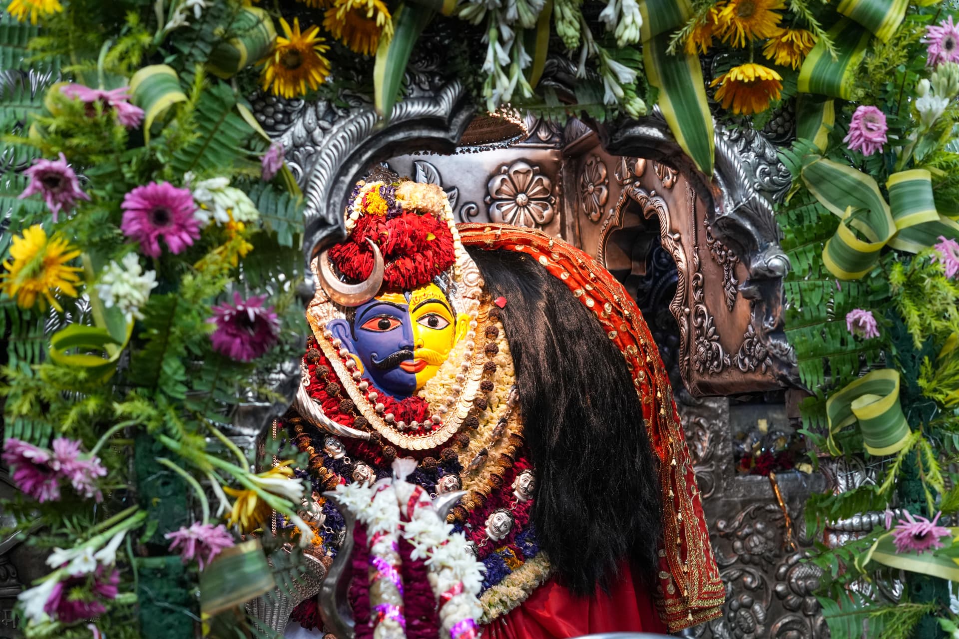 Kaal Bhairav adorned with fresh flowers